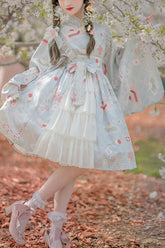 Japanese Trumpet Sleeves Lace Ruffled Cherry Blossom Print Sweet Lolita OP Dress